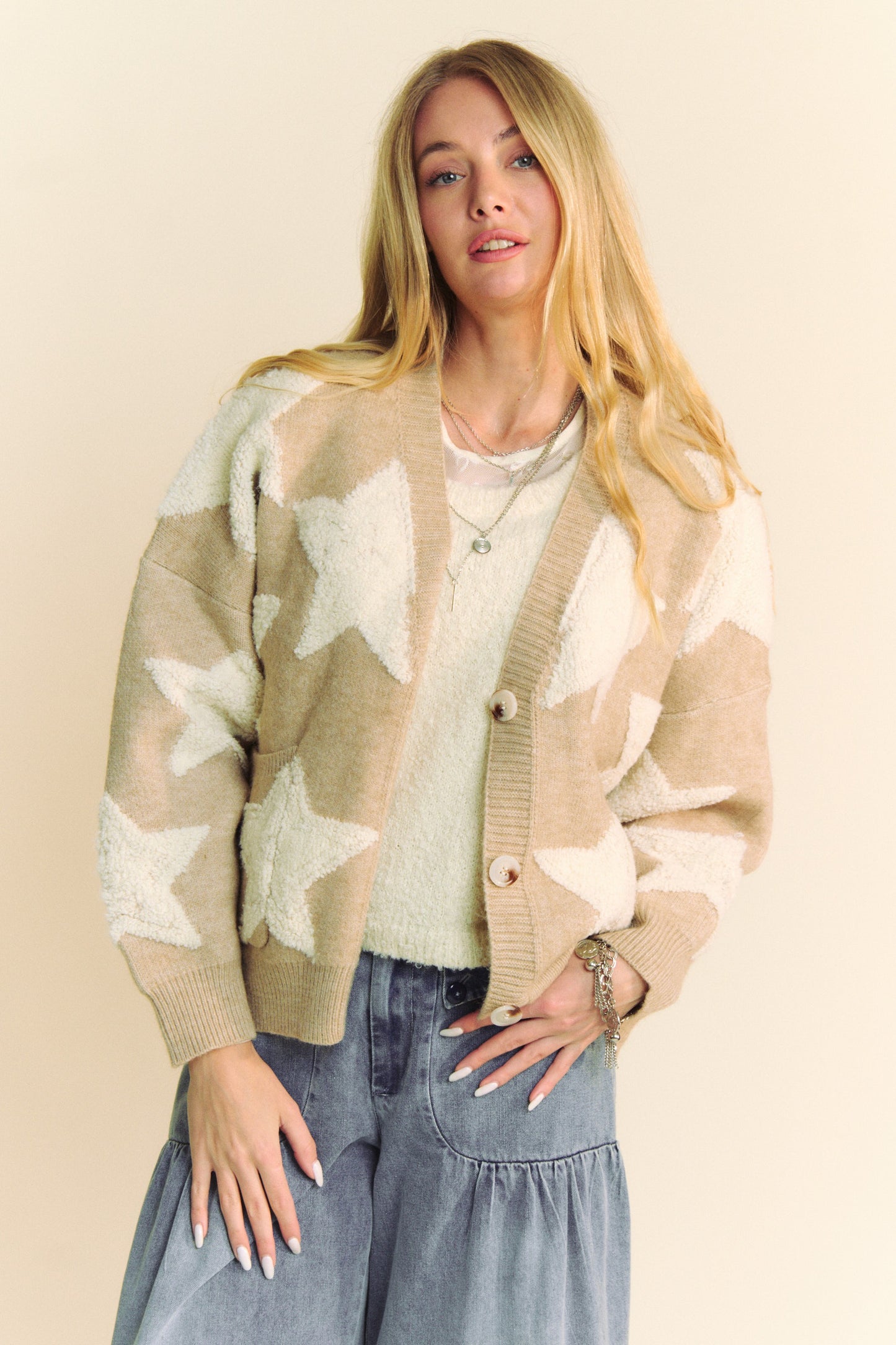 Davi & Dani - Fuzzy Star Button Down Cardigan