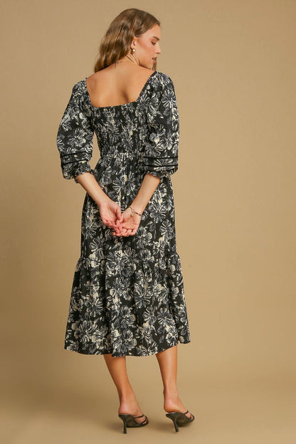 Umgee - Ruffle Hem Flower Printed V-Neck Dress