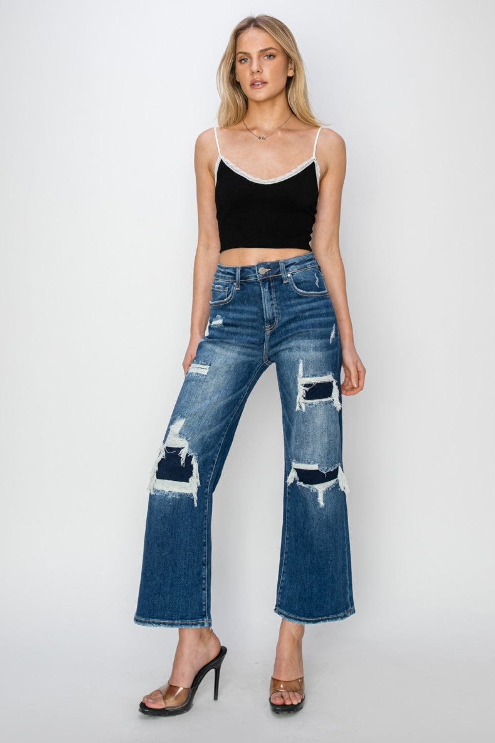 RISEN Full Size Patch Detailed Wide Leg Crop Jeans