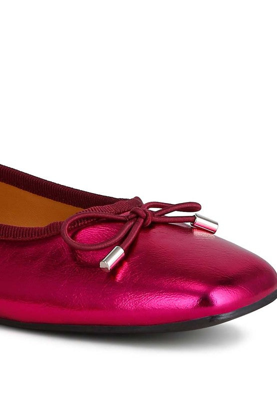 PRIMROSE Metallic Pleather Bow Ballerinas