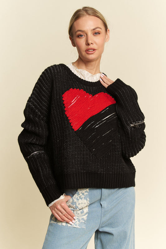 Davi & Dani - Contrast Heart Dropped Shoulder Sweater