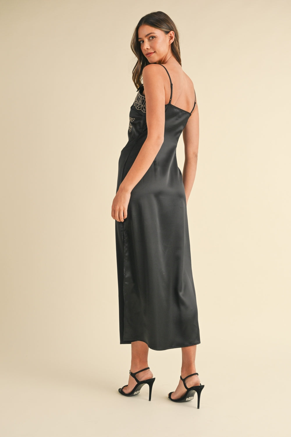 MABLE Embroidered Cami Satin Midi Slit Dress