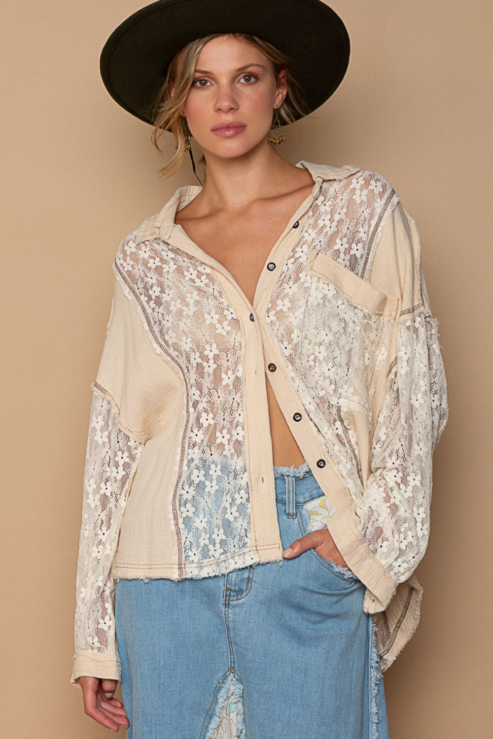 POL Oversized Lace Button-Down Shirt