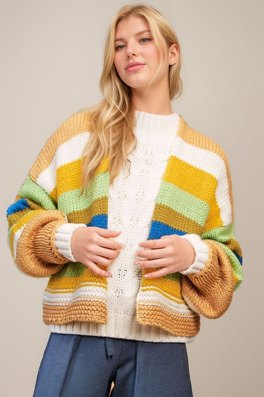 Davi & Dani - Contrast Striped Open Front Lantern Sleeve Cardigan