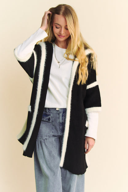 Davi & Dani - Fuzzy Trim Open Front Loose Fit Cardigan