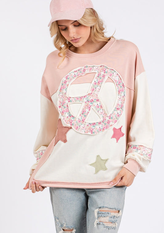 SAGE + FIG - Peace & Star Patch Contrast Round Neck Sweatshirt