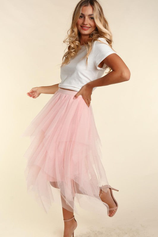 Plus Size - Asymmetric Tiered Tulle Midi Skirt