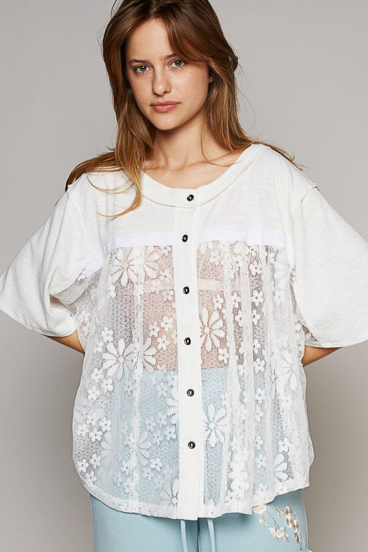 POL Short Sleeve Lace Contrast Top