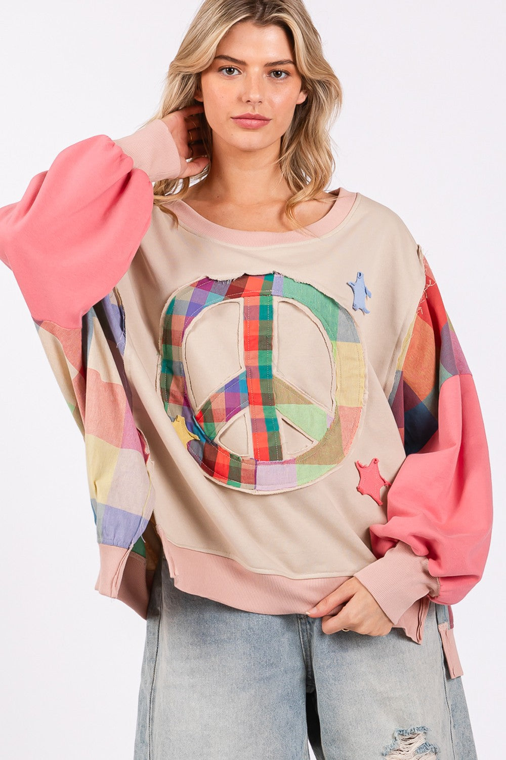 SAGE + FIG - Full Size Contrast Peace Patch Dropped Shoulder Sweatshirt