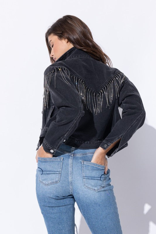 Sweet Generis Crop Denim Jacket with Rhinestone Fringe