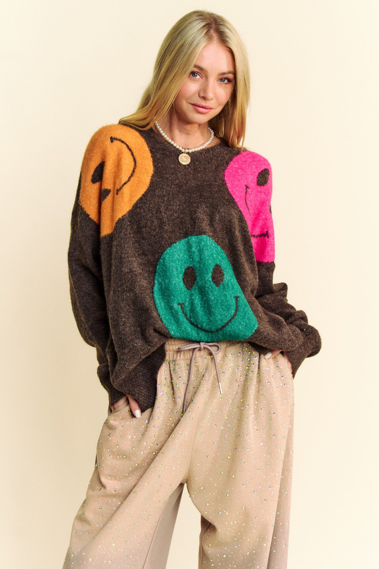 Davi & Dani - Contrast Smile Round Neck Oversize Sweater