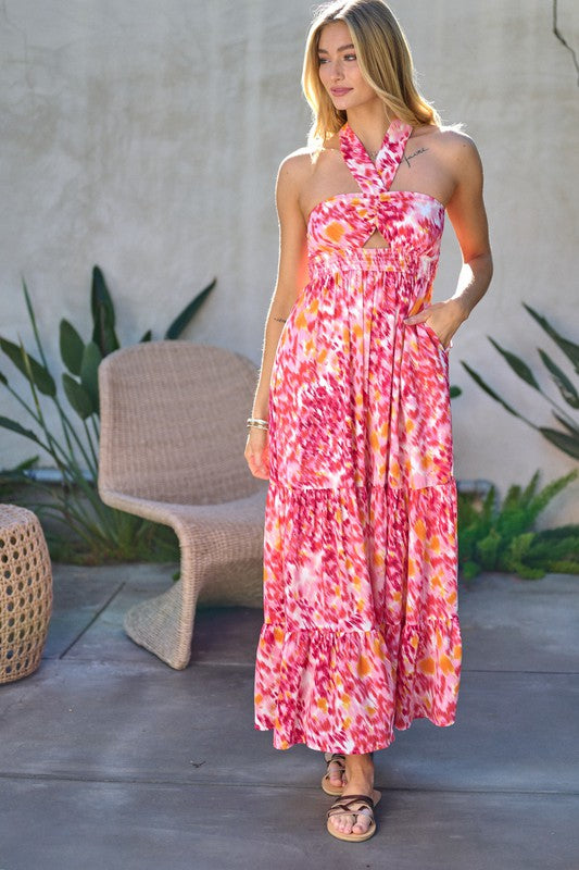 Davi & Dani Printed Halter Maxi Dress