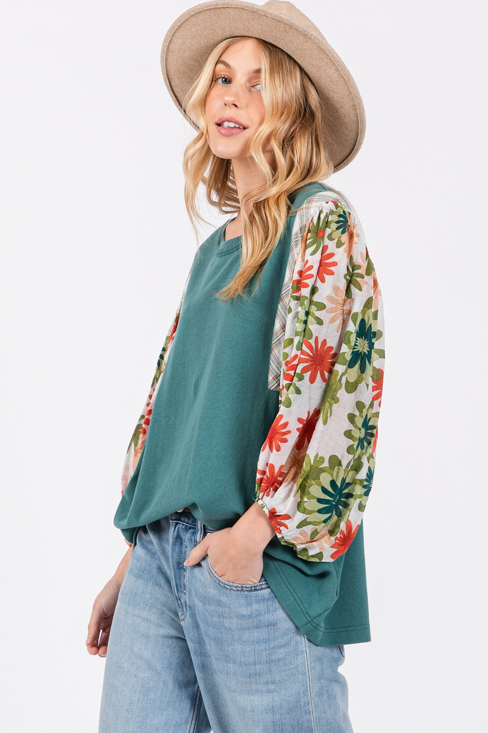 SAGE+FIG Full Size Printed Balloon Sleeve Contrast Top