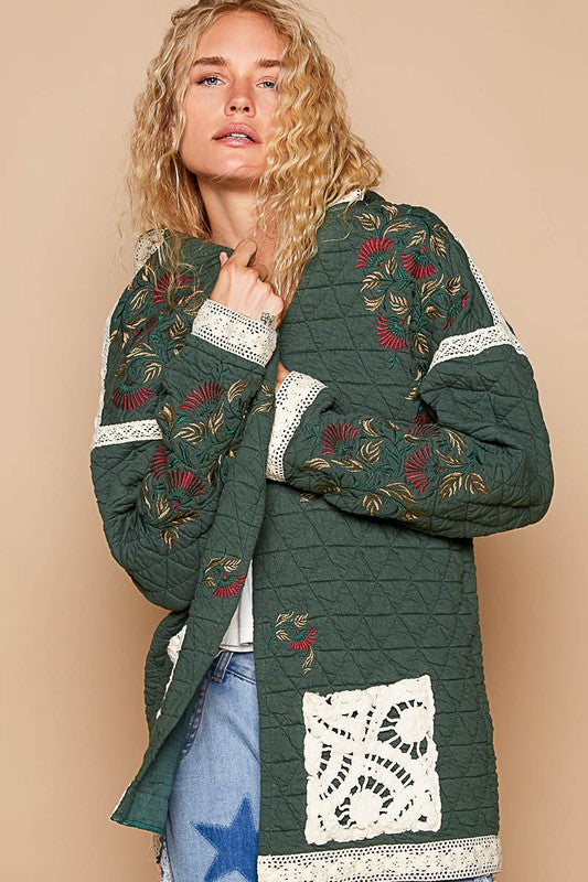 POL - Embroidered Open Front Quilted Hooded Jacket with Crochet Pockets