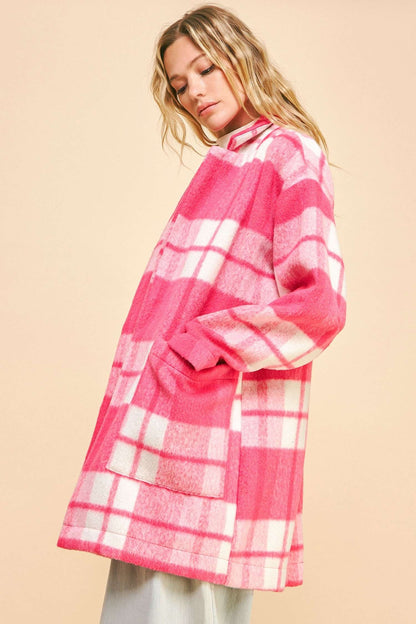 Davi & Dani - Plaid Open Front Drop Shoulder Longline Coat