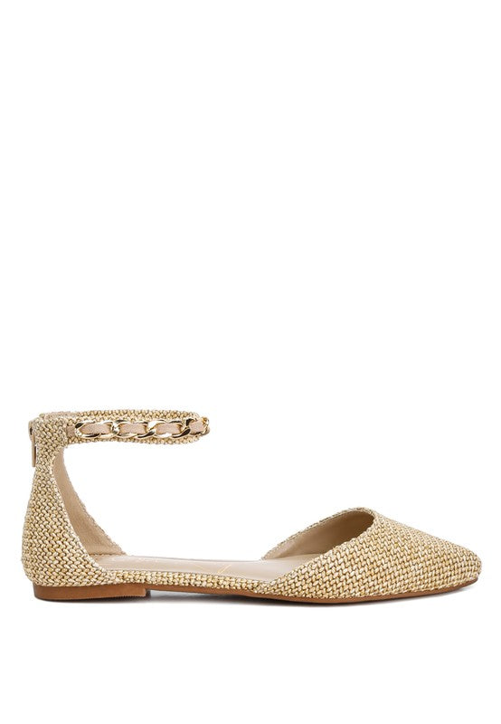 BUQISI Chain Embellished Flat Raffia Sandals