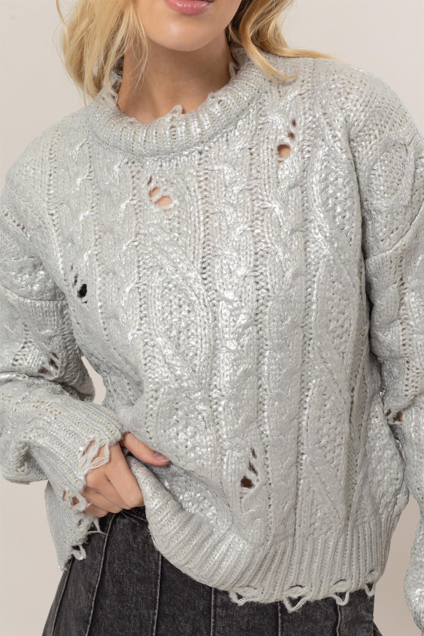 HYFVE Metallic Foil Cable Knit Sweater