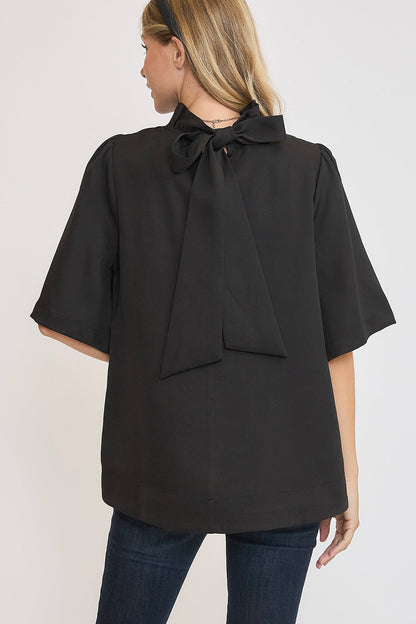 Umgee - Bow Tie Back Mock Neck Half Sleeve Blouse