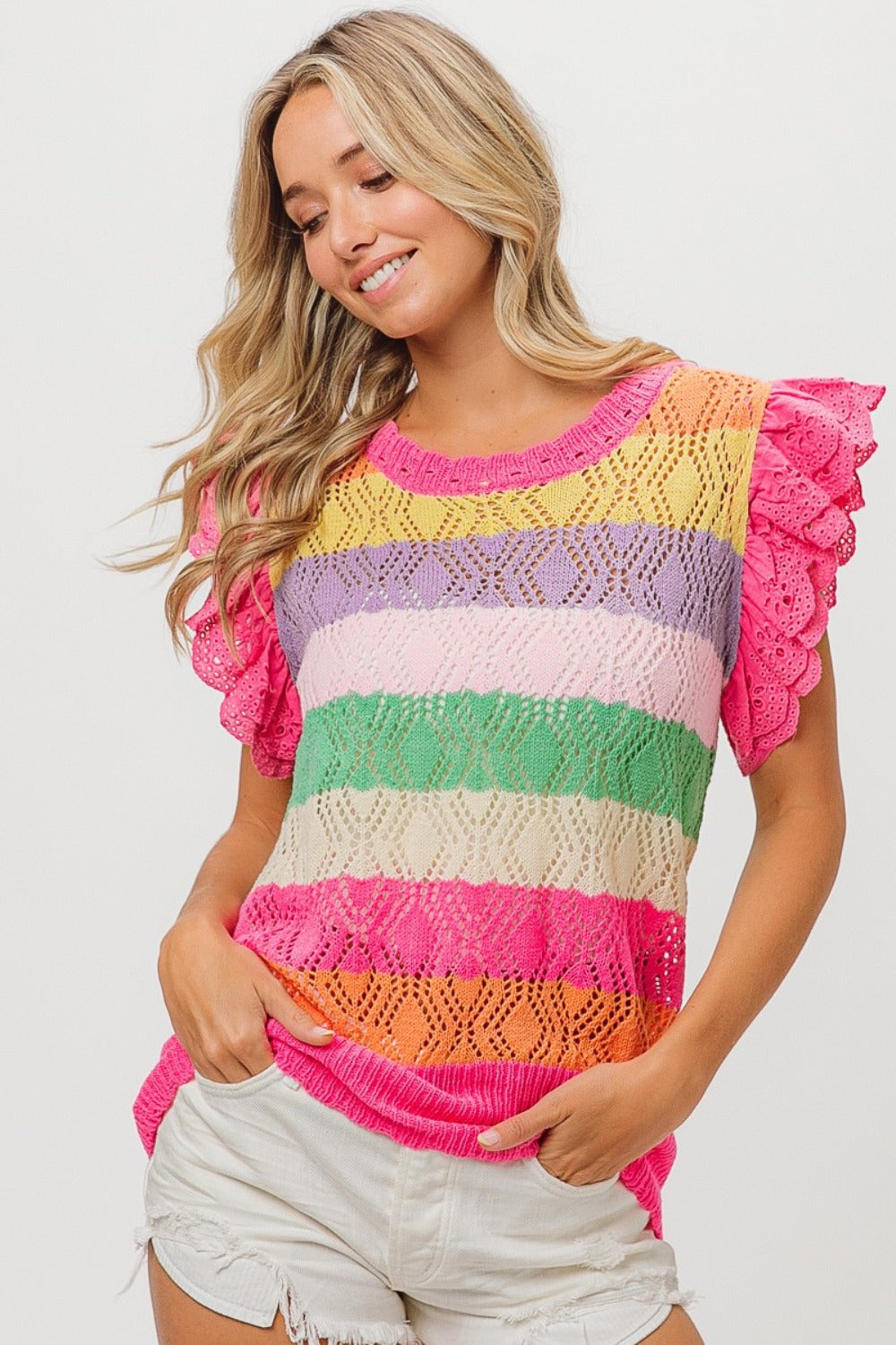 BiBi Pointelle Striped Ruffle Knit Top