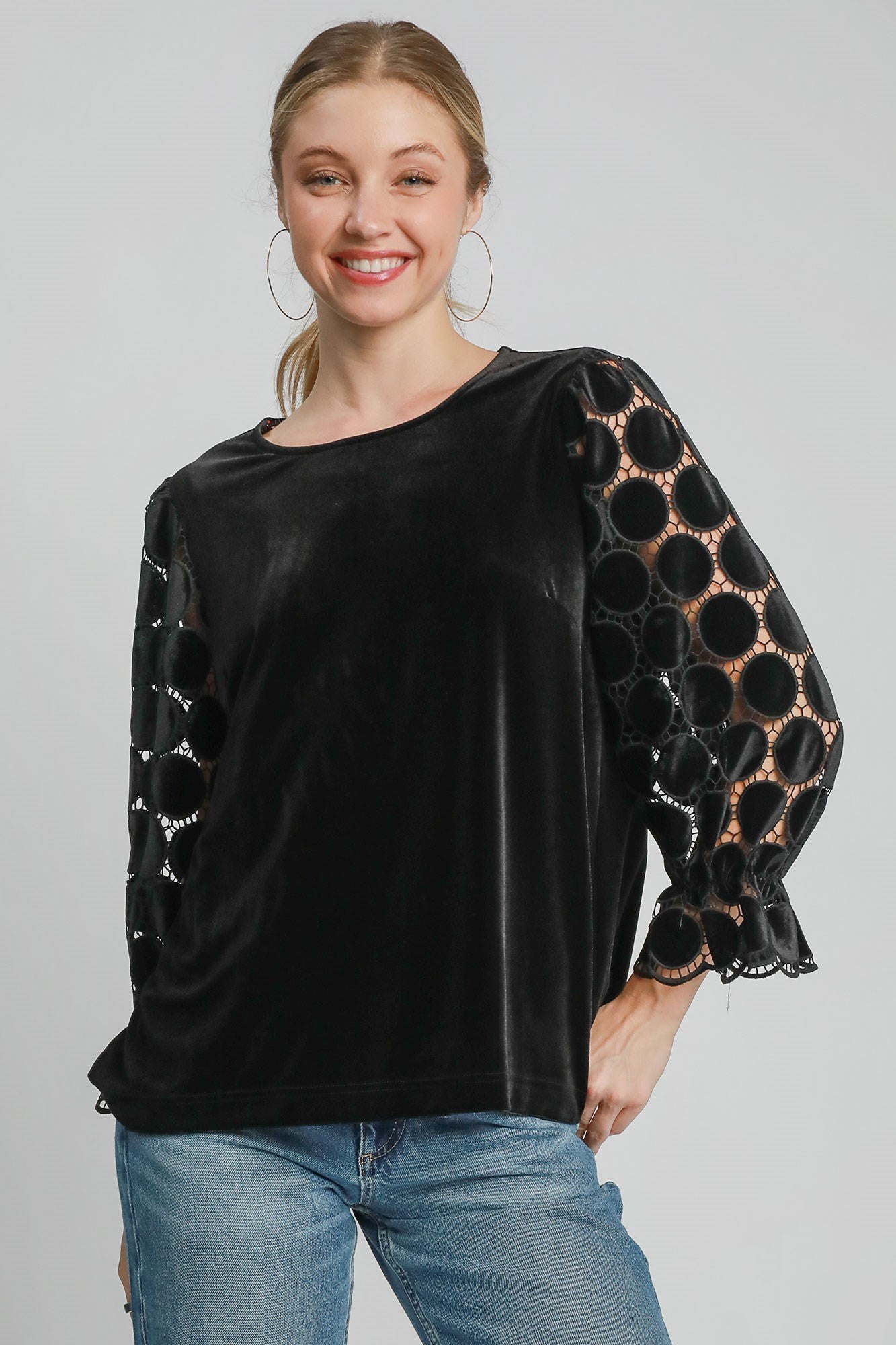 Umgee - Polka Dot Lace Long Sleeve Round Neck Blouse