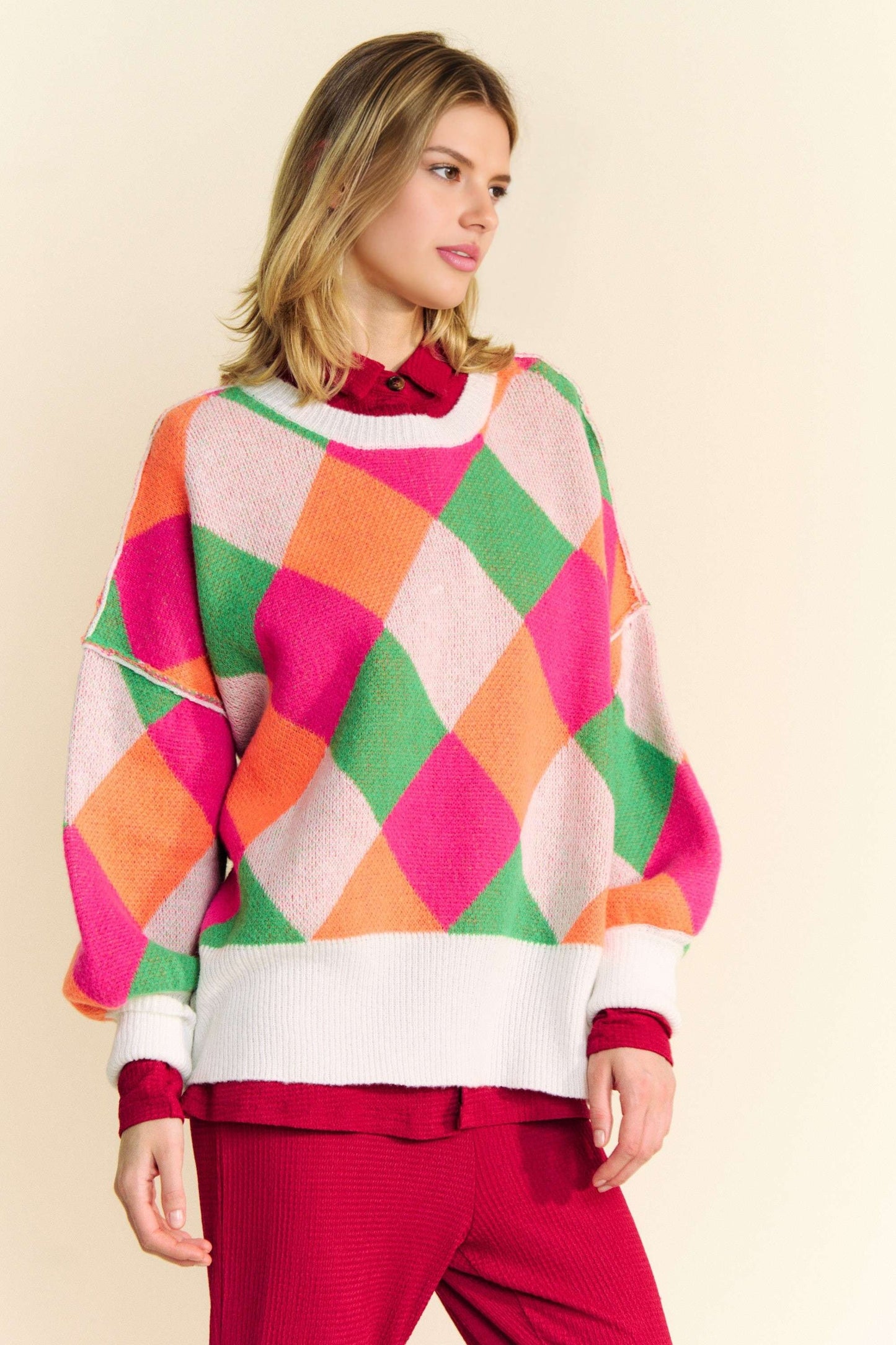 Davi & Dani - Exposed Seam Color Block Dropped Shoulder Sweater