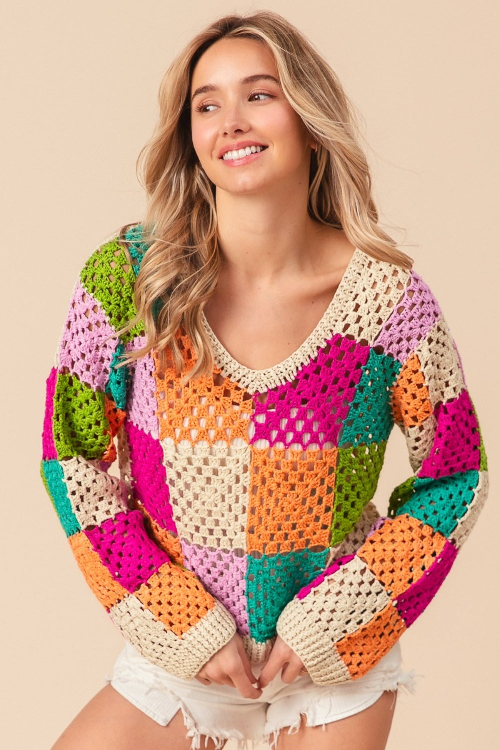 BiBi Multi Color Checkered Knit Top