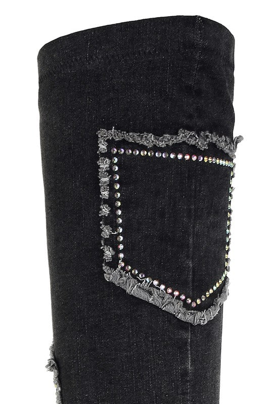 EILISH Rhinestone Knee - High Denim Boots