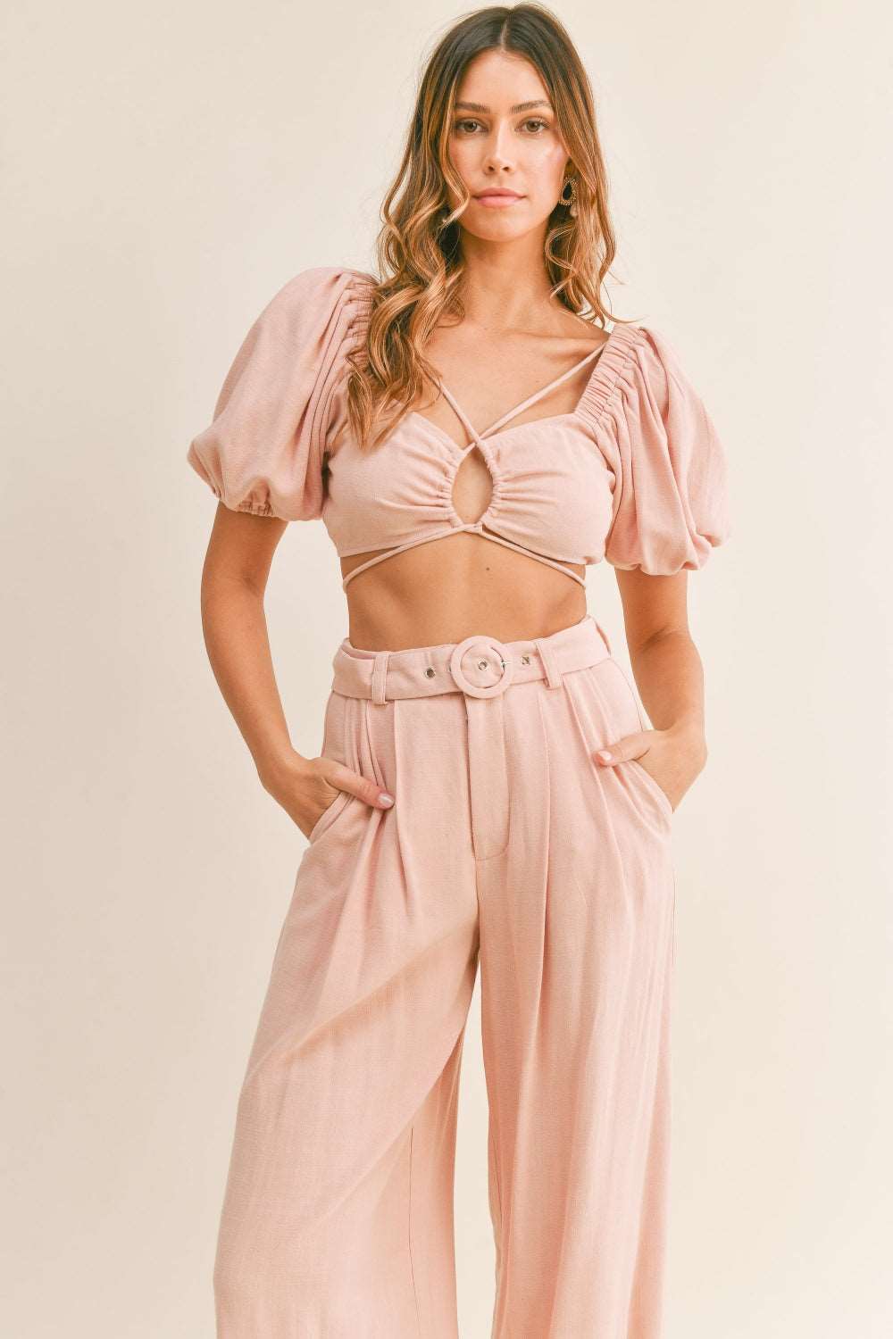 Cut Out Drawstring Top and Belted Pants Set