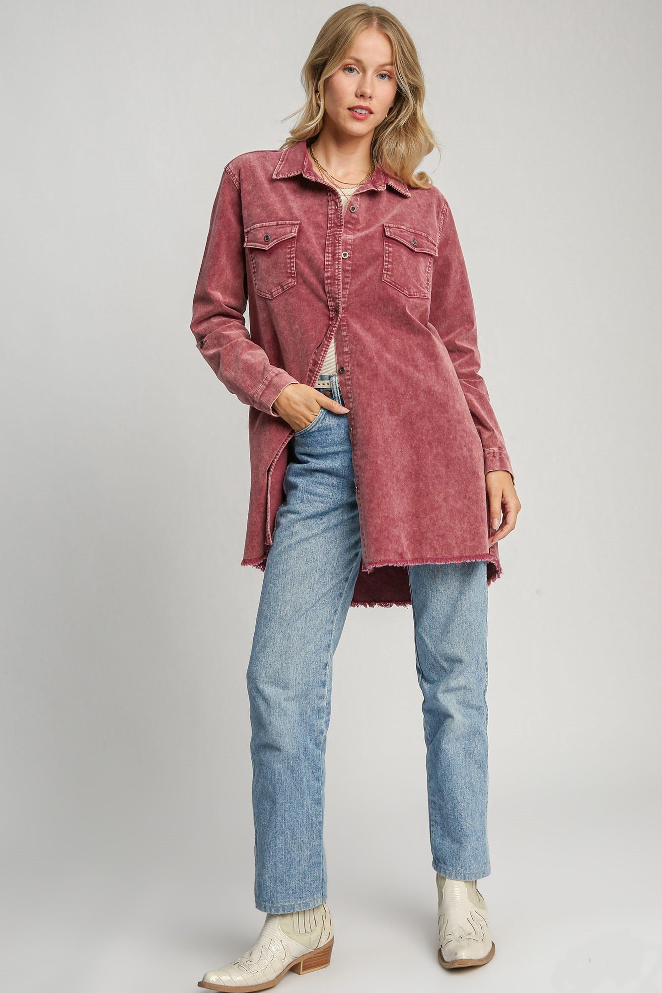 Umgee - Raw Hem Button Down Denim Jacket with Chest Pockets