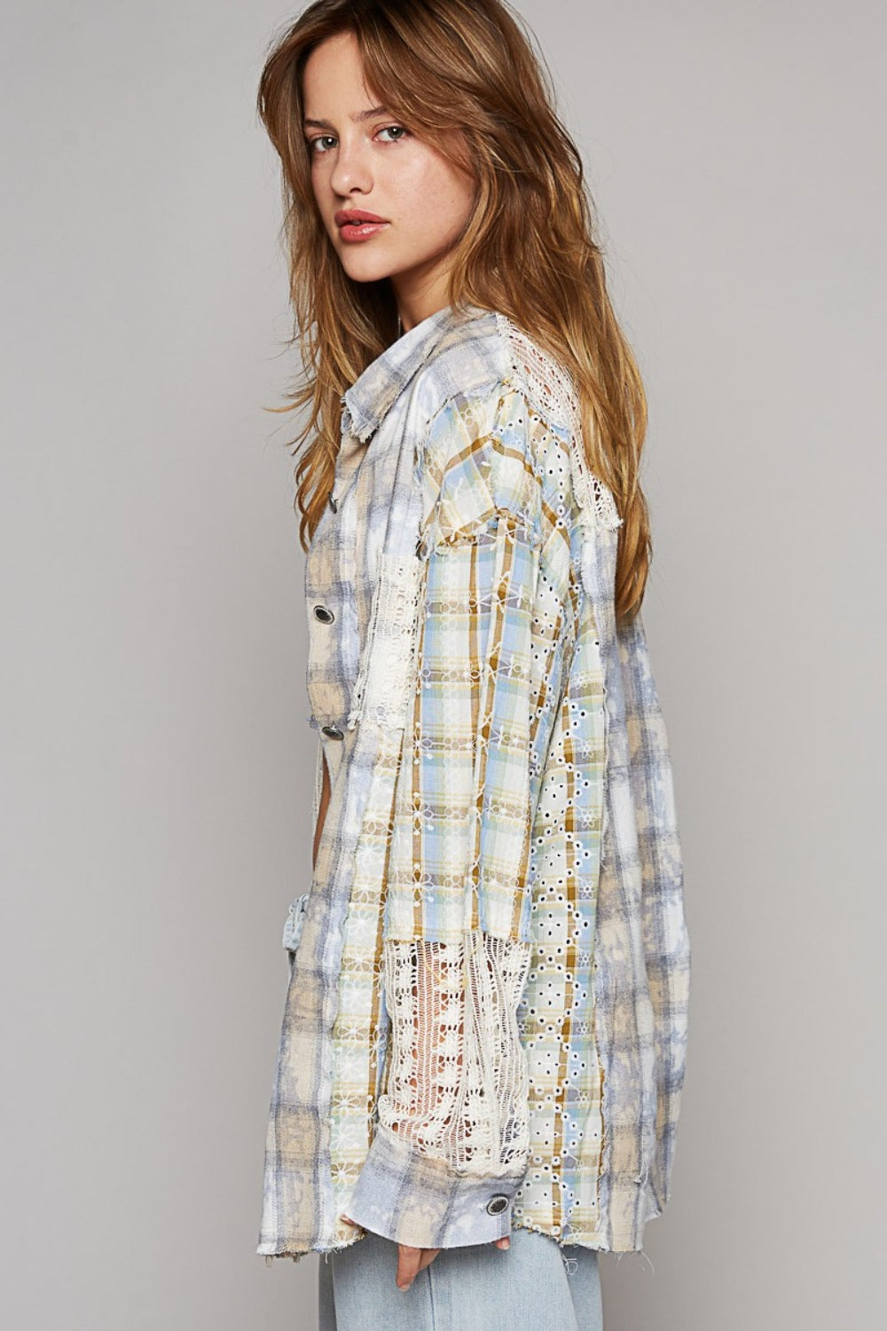 POL Embroidered Crochet Plaid Shirt