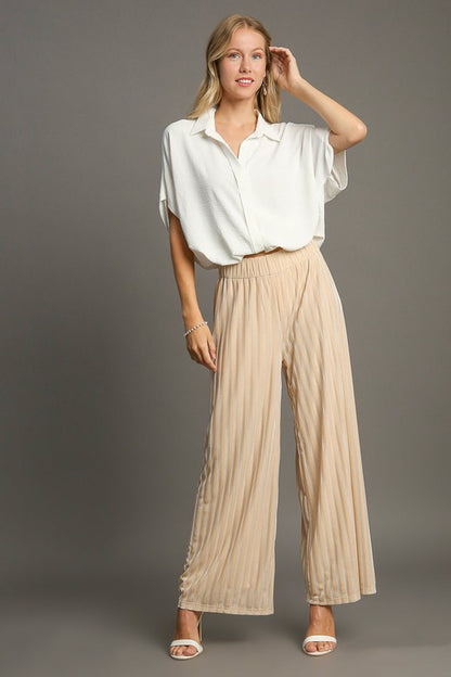 Umgee - Elastic Waist Striped Wide Leg Velvet Pants