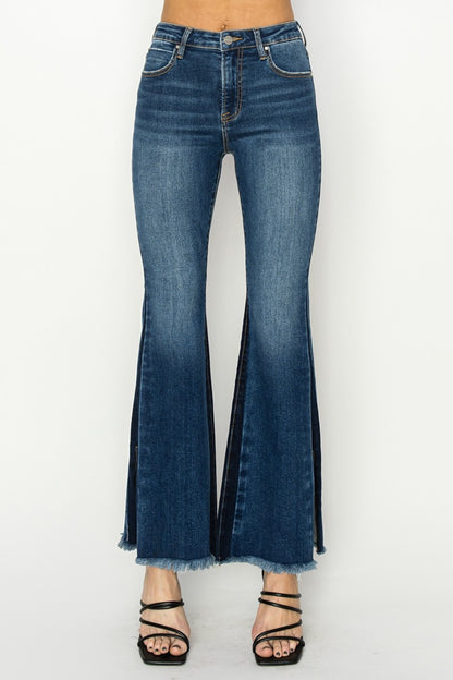 RISEN - Full Size High Rise Side Shadow Seam Detail Slit Flare Jeans