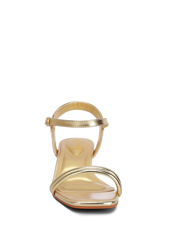 ZABOU Metallic Ankle Strap Low Block Heel Sandal