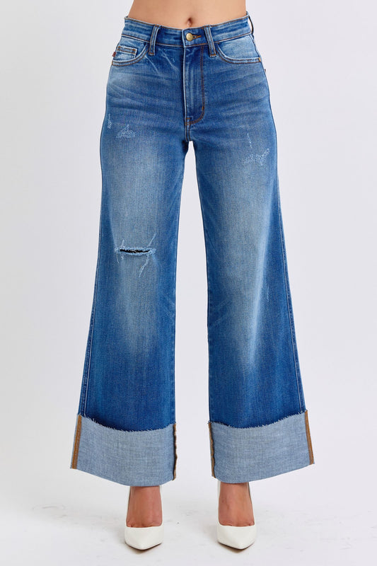 Judy Blue - Full Size Distressed High Waist Wide Leg Jeans