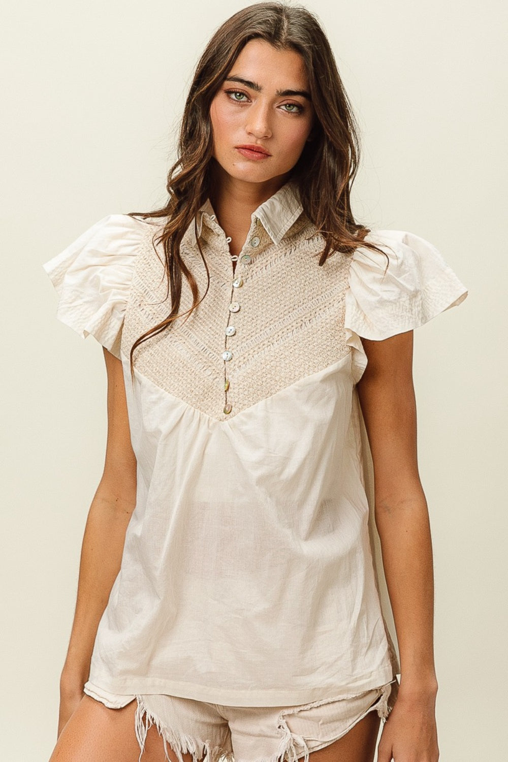 BiBi Button Collared Neck Top