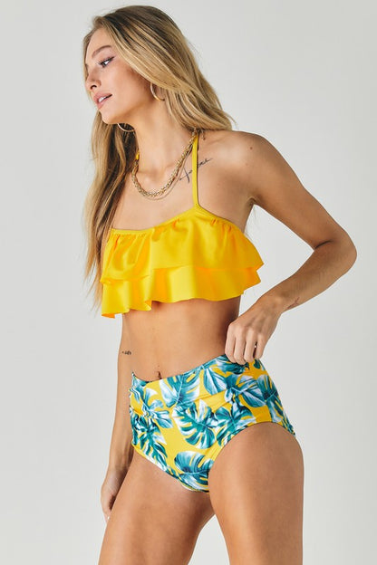 Davi & Dani Ruffled Top and Printed Bottoms Two-Piece Swimsuit