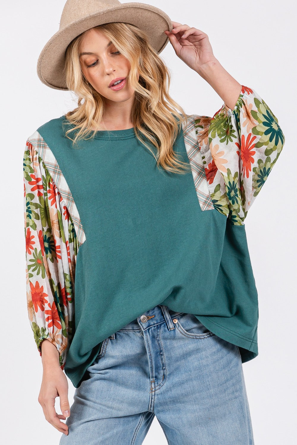 SAGE+FIG Full Size Printed Balloon Sleeve Contrast Top