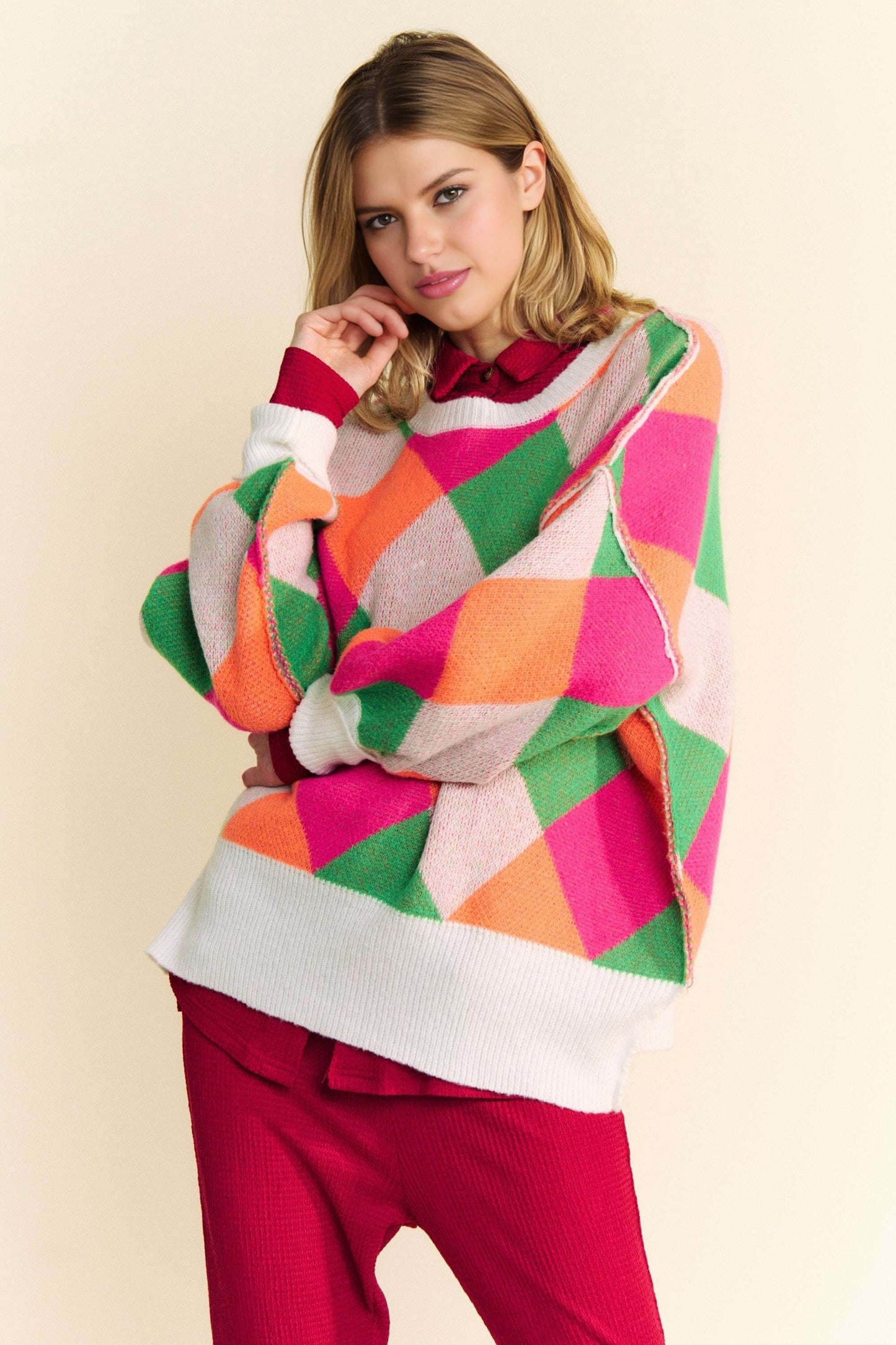 Davi & Dani - Exposed Seam Color Block Dropped Shoulder Sweater