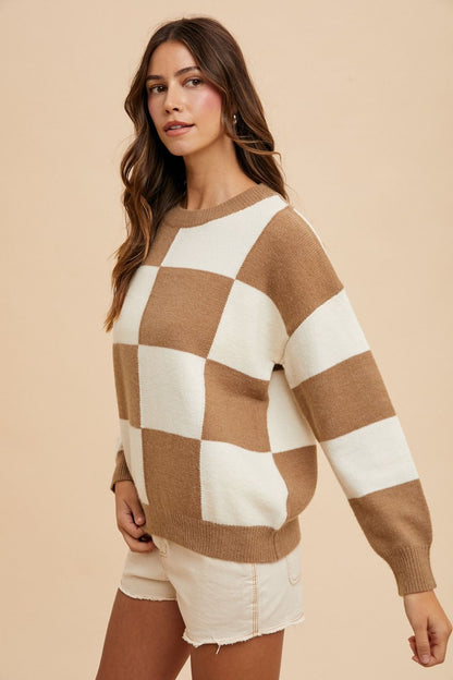 Annie Wear - Checkered Round Neck Dropped Shoulder Sweater