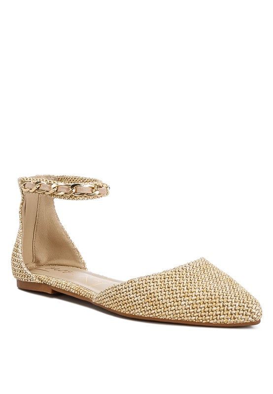 BUQISI Chain Embellished Flat Raffia Sandals