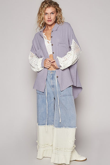 POL - Openwork Lantern Sleeve Button Down Gauze Shirt