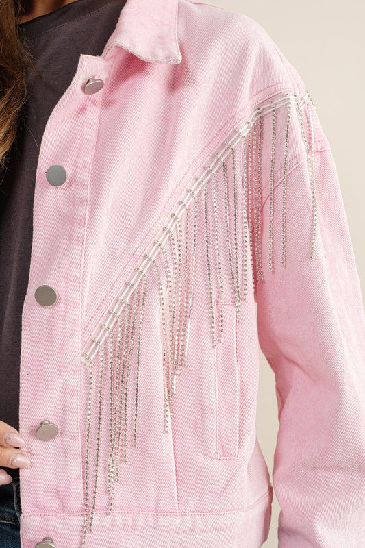 Sweet Generis Crop Denim Jacket with Rhinestone Fringe