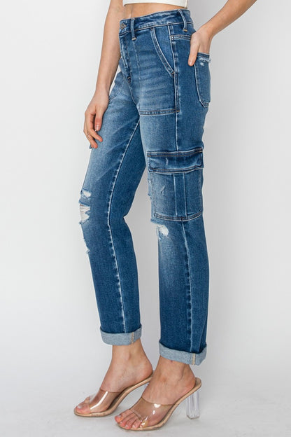 RISEN - Full Size High Rise Cargo Ankle Roll Up Straight Jeans