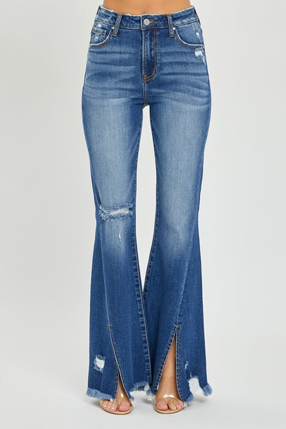 RISEN - Full Size Front Slit Frayed Hem Flare Jeans