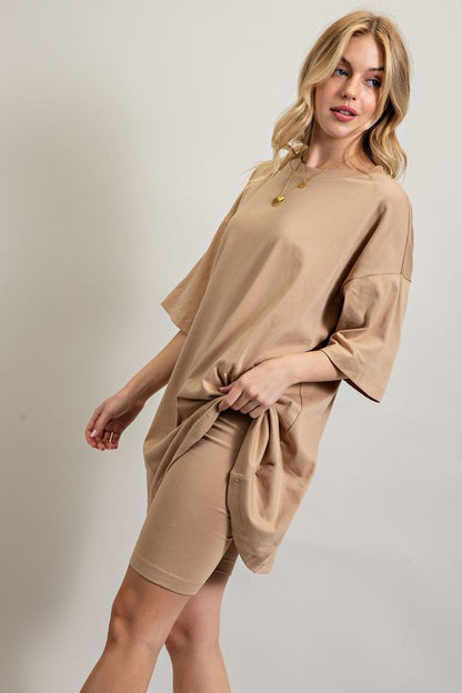 Sweet Generis - Oversized Knit Shirt and Casual Biker Shorts Set