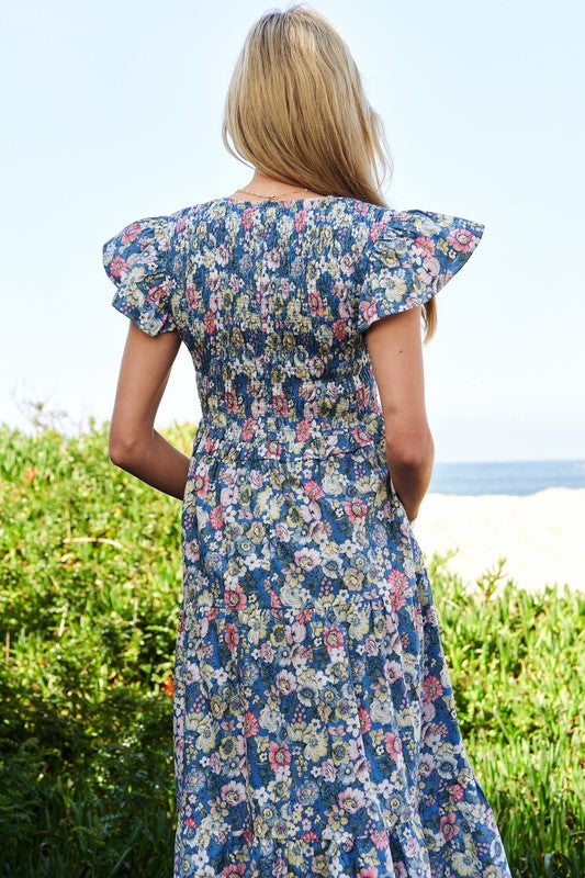 Davi & Dani Vintage Garden Floral Flutter Smocking Midi Dress