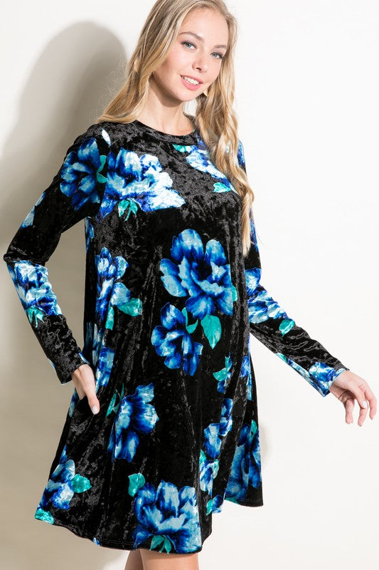 e Luna Floral Print Velvet Swing Dress