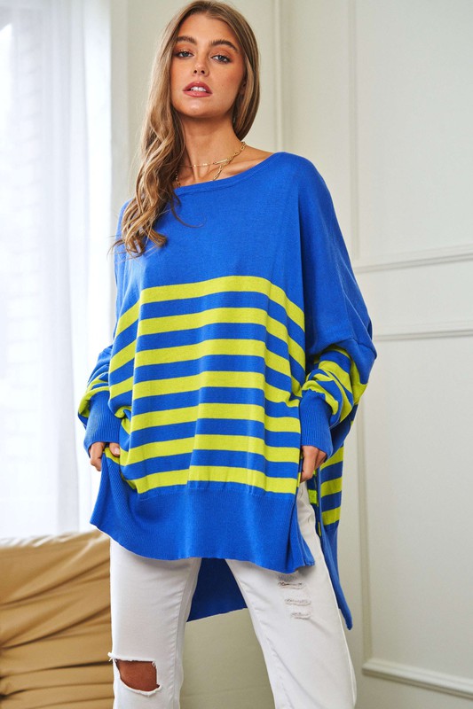 Davi & Dani Loose Fit Multi Striped Elbow Patch Sweater