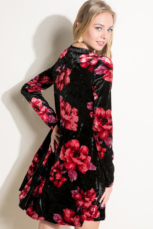 e Luna Floral Print Velvet Swing Dress