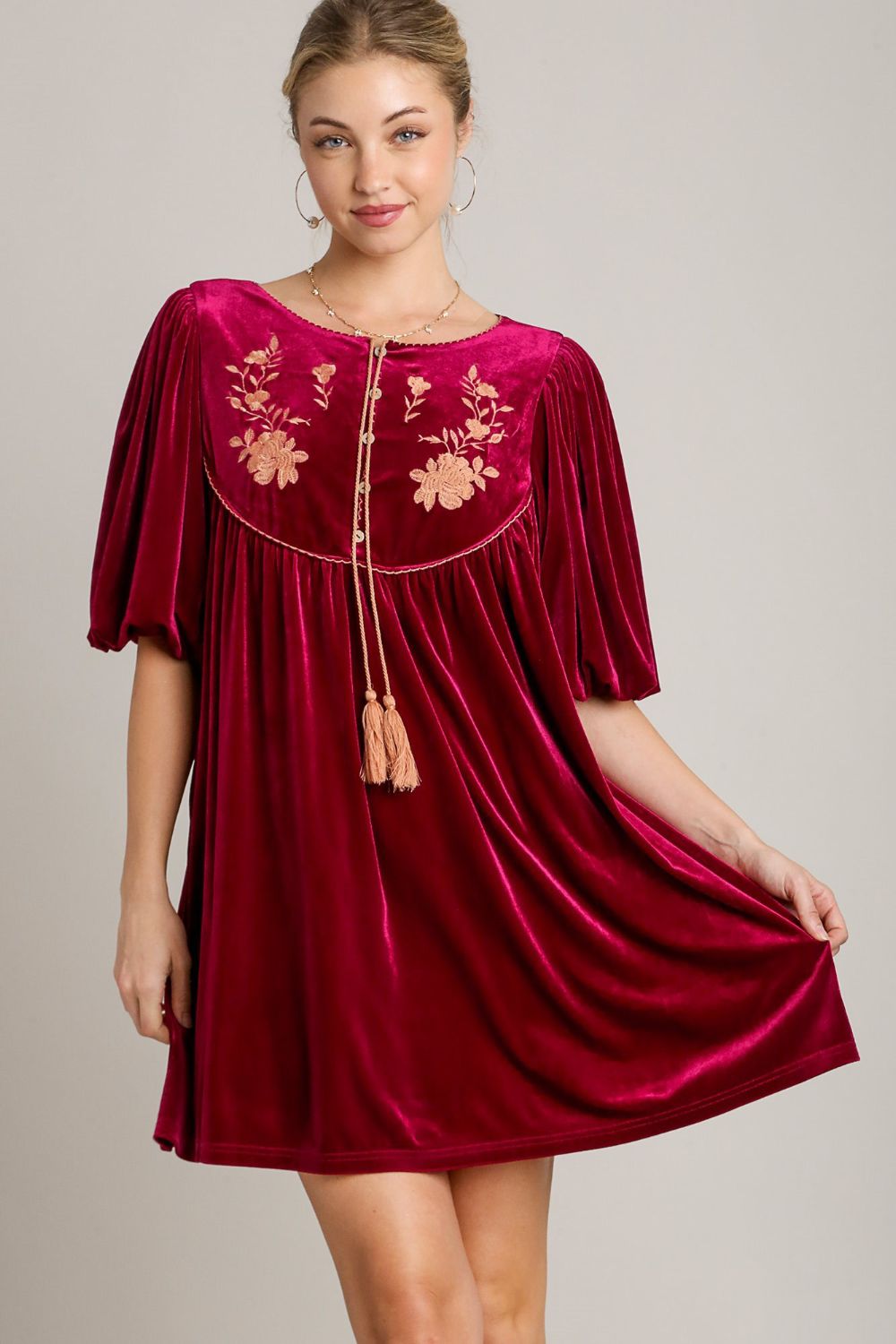 Umgee - Embroidered Half Sleeve Velvet Mini Dress with Tassel